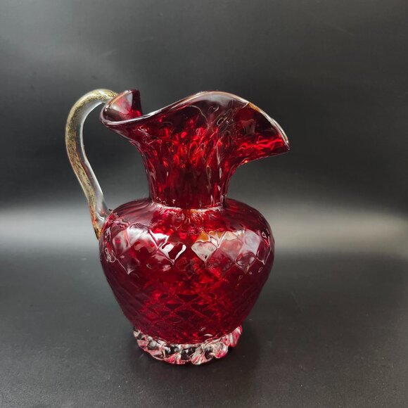 Vintage Art Glass Red Quilted Jug Ewer Applied Handle - Picture 1 of 16